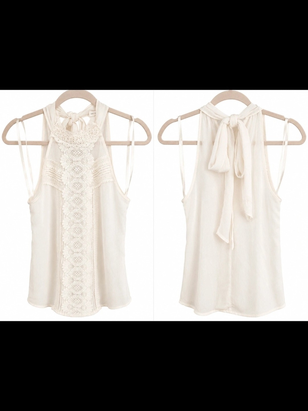 New York & Company Cream Lace-Front Tie-Neck Sleeveless Blouse